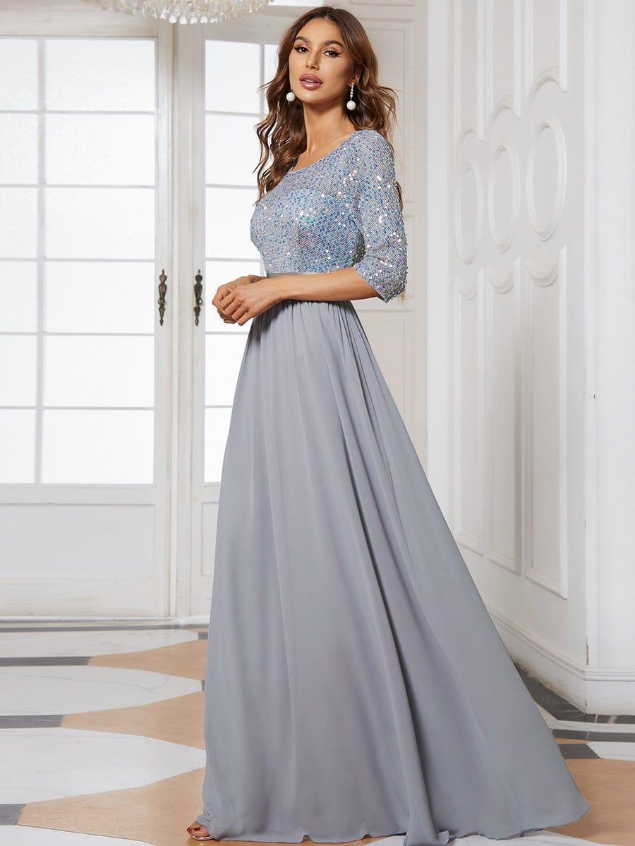 Elegant Round Neckline 3/4 Sleeve Sequins Patchwork Evening Dress #color_Silver