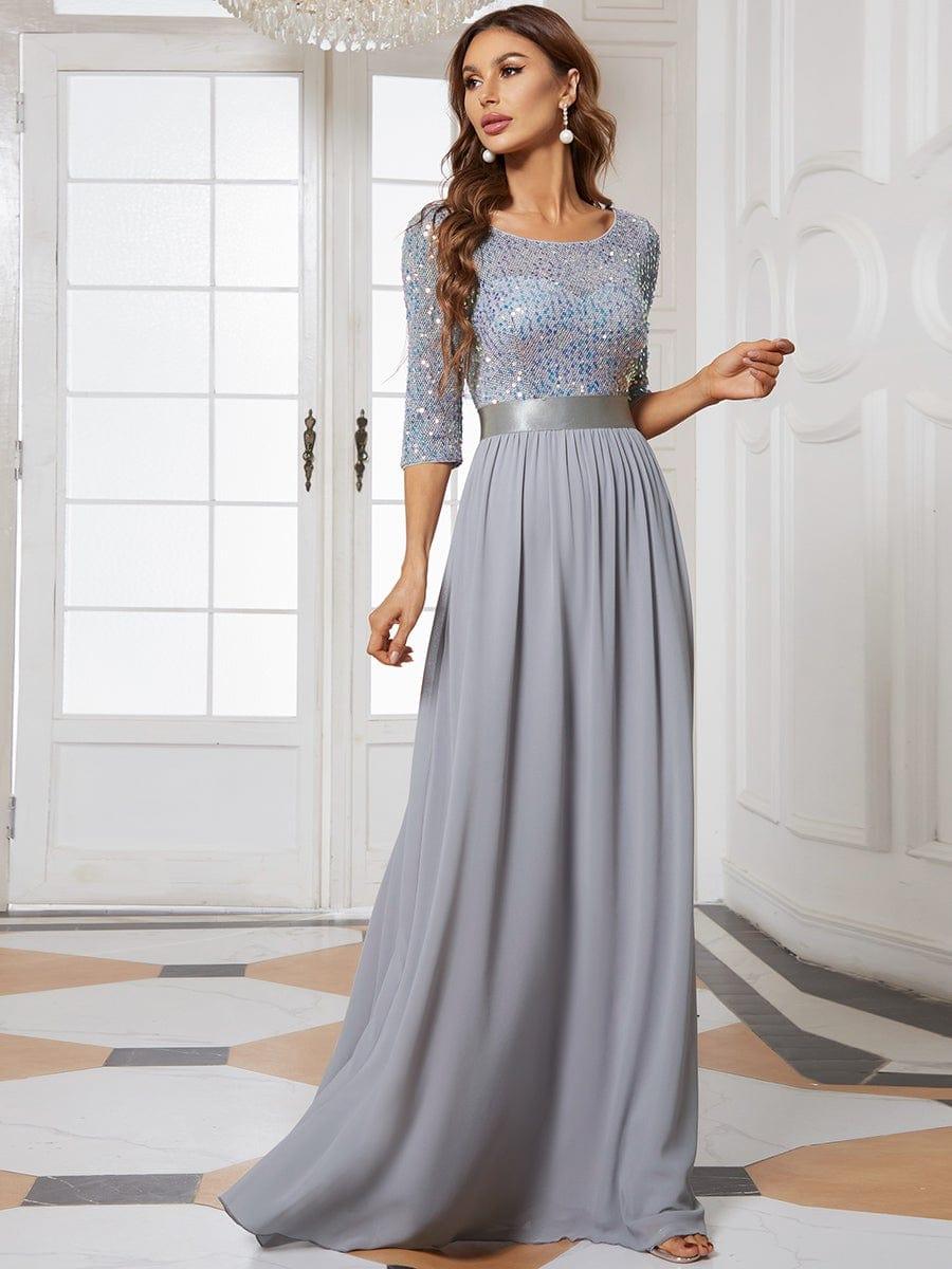 Elegant Round Neckline 3/4 Sleeve Sequins Patchwork Evening Dress #color_Silver