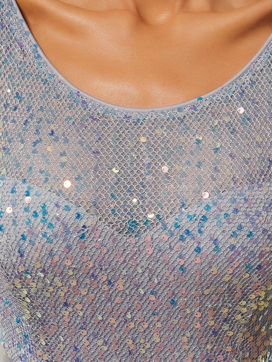 Elegant Round Neckline 3/4 Sleeve Sequins Patchwork Evening Dress #color_Silver