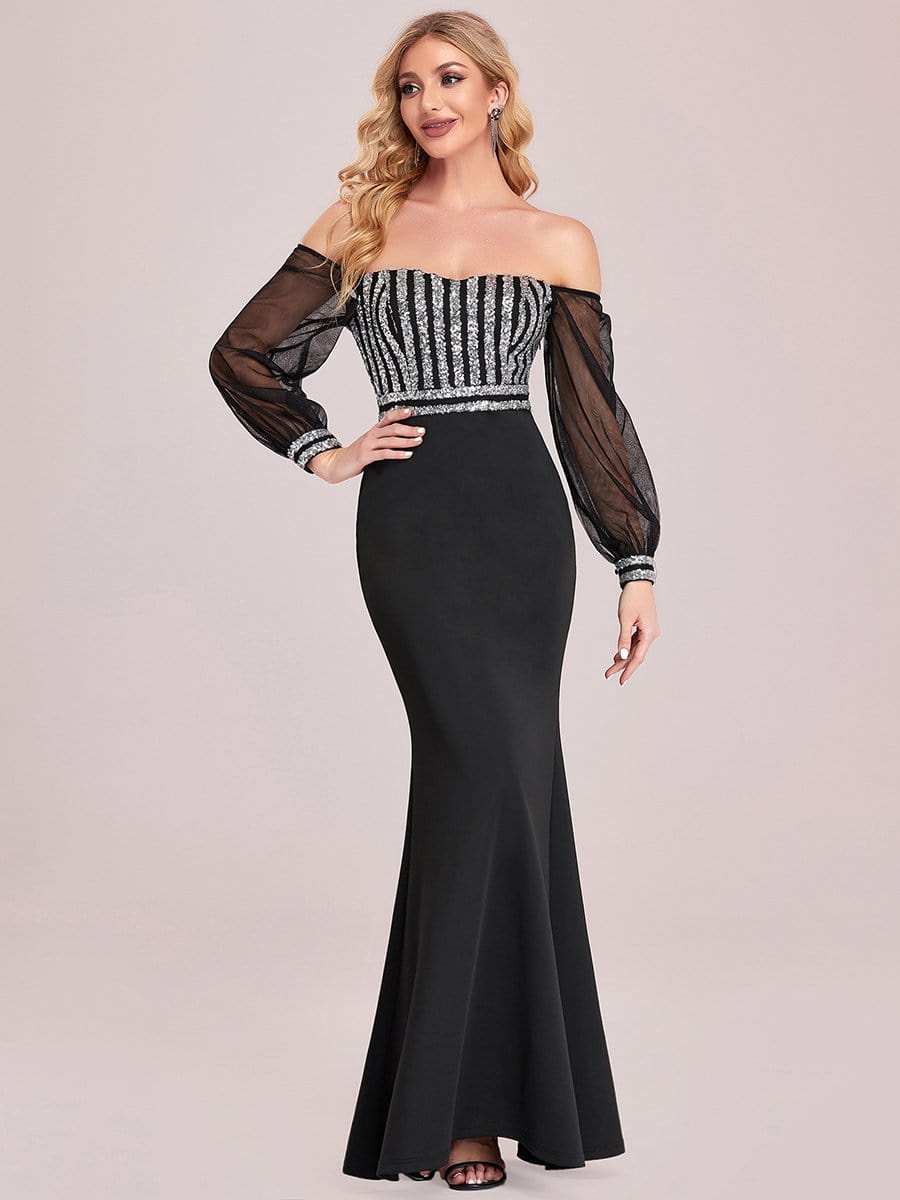 Fashion Off the Shoulder Sequin Evening Gowns With Tulle Sleeve #color_Black