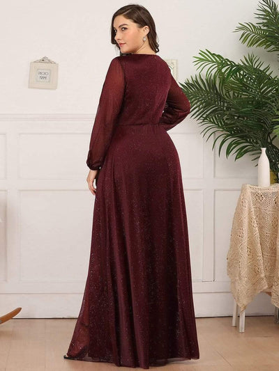 Women's Sexy V-Neck Shiny Plus Size Evening Dresses with Long Sleeve #color_Burgundy