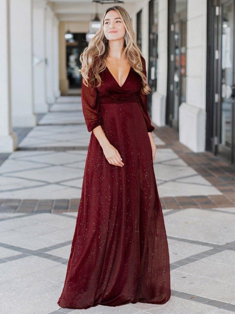 Women's Sexy V-Neck Shiny Evening Dresses with Long Sleeve #color_Burgundy