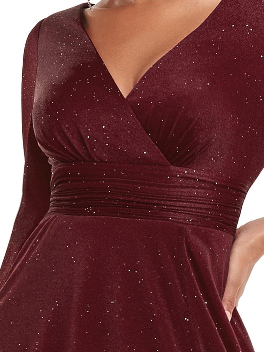 Women's Sexy V-Neck Shiny Evening Dresses with Long Sleeve #color_Burgundy