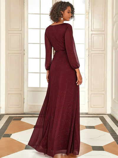 Women's Sexy V-Neck Shiny Evening Dresses with Long Sleeve #color_Burgundy