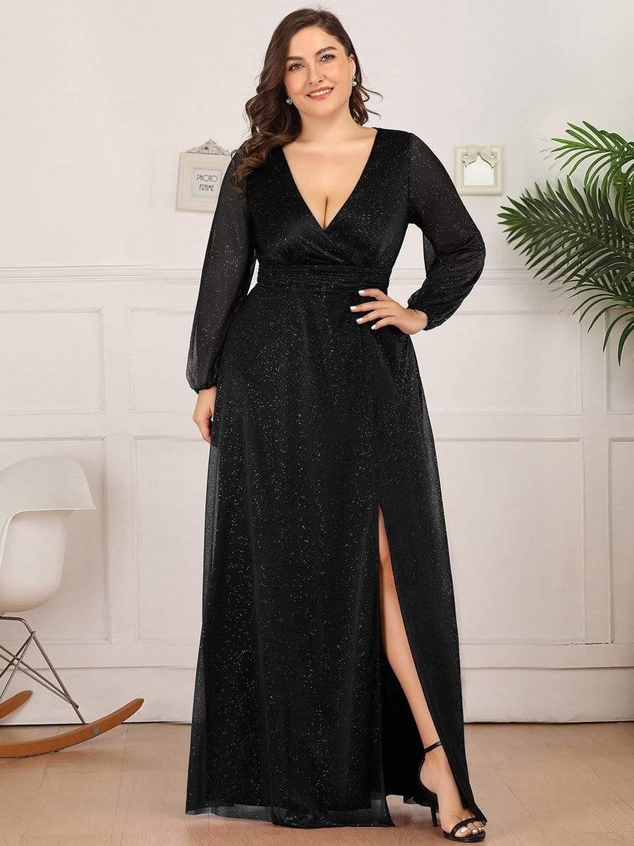 Women's Sexy V-Neck Shiny Evening Dresses with Long Sleeve #color_Black