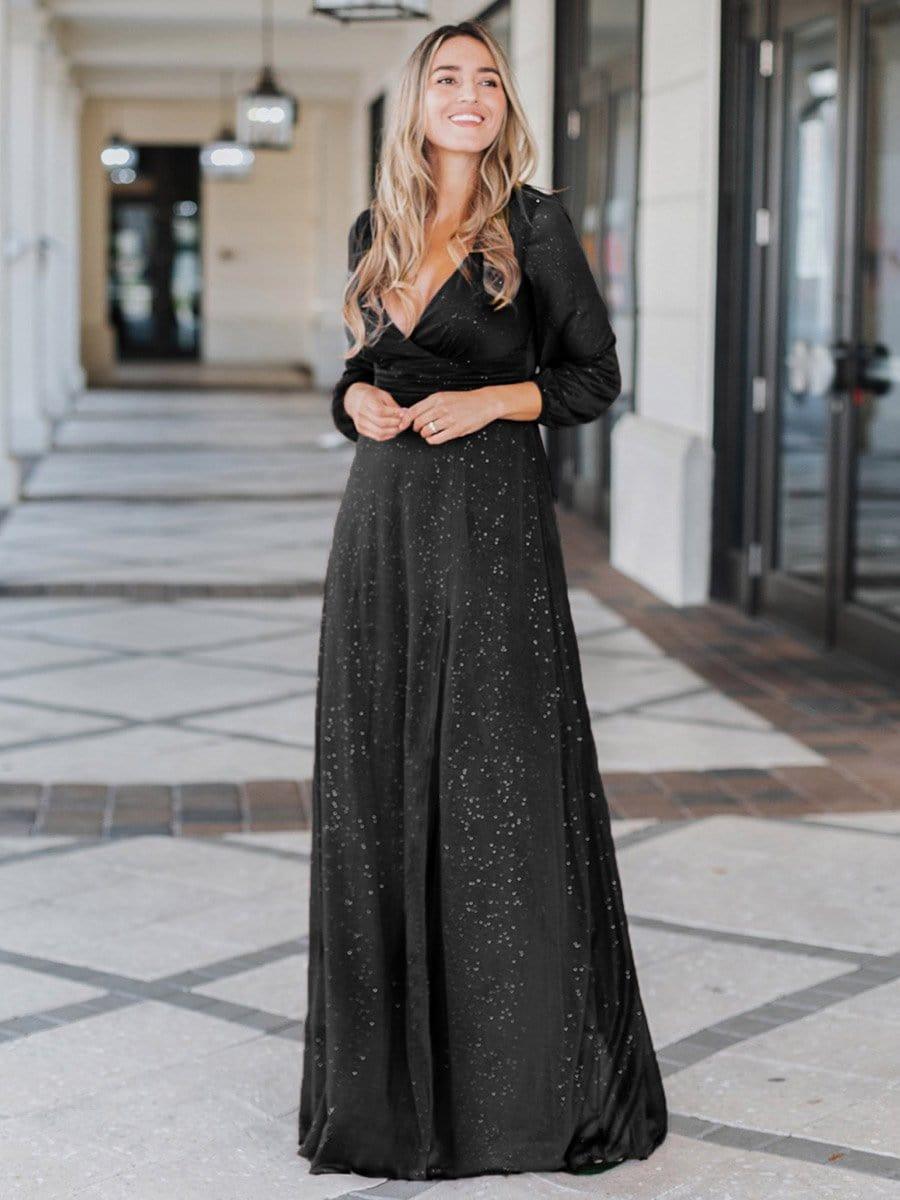Women's Sexy V-Neck Shiny Evening Dresses with Long Sleeve #color_Black