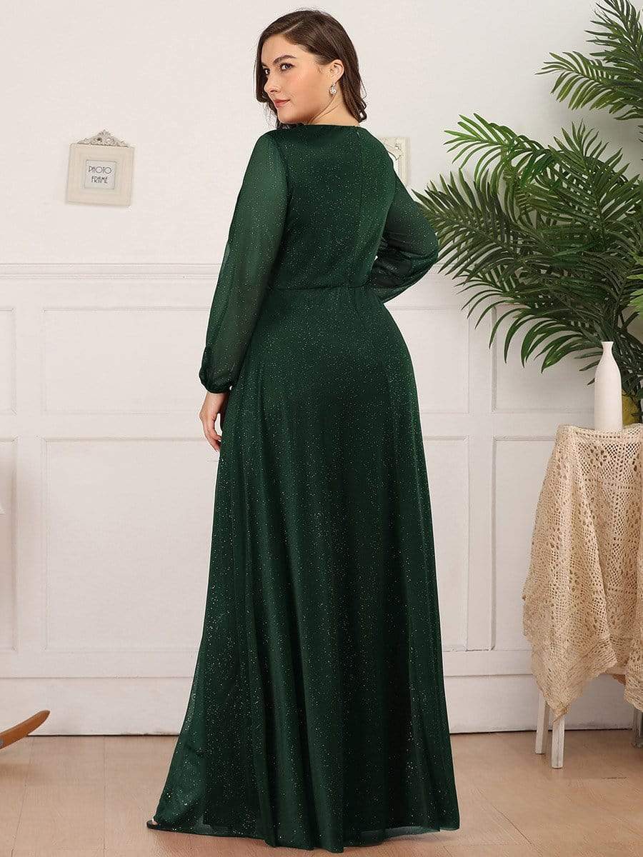 Women's Sexy V-Neck Shiny Plus Size Evening Dresses with Long Sleeve #color_Dark Green