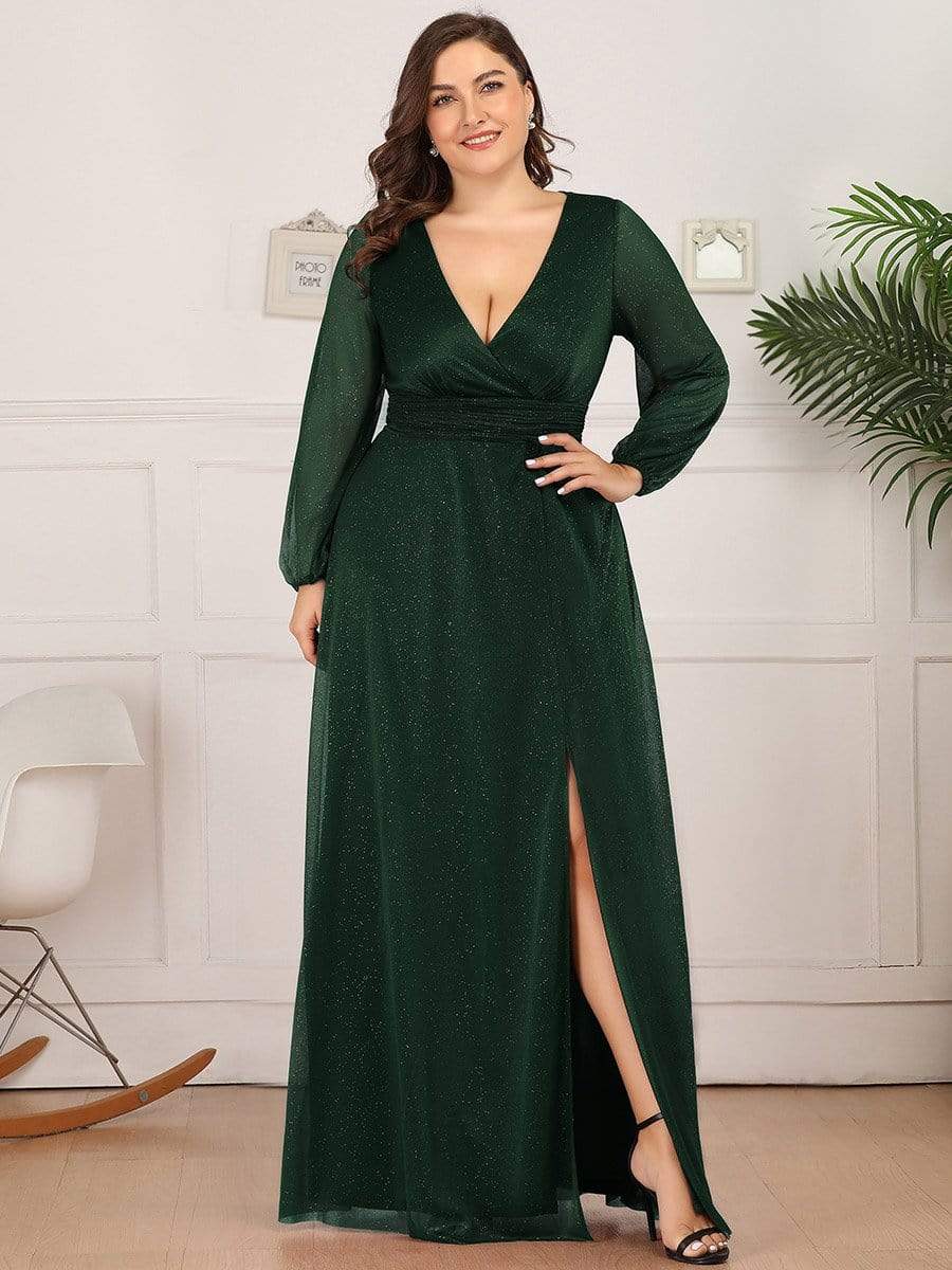 Women's Sexy V-Neck Shiny Plus Size Evening Dresses with Long Sleeve #color_Dark Green