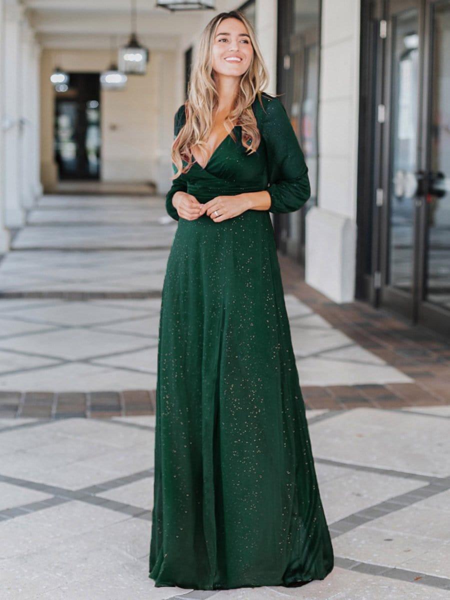 Women's Sexy V-Neck Shiny Evening Dresses with Long Sleeve #color_Dark Green