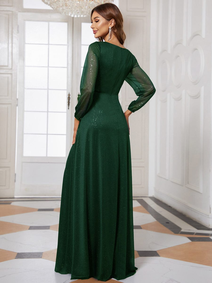 Women's Sexy V-Neck Shiny Evening Dresses with Long Sleeve #color_Dark Green