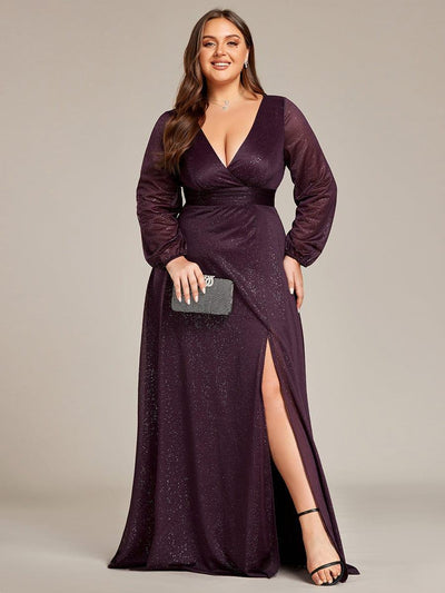 Women's Sexy V-Neck Shiny Plus Size Evening Dresses with Long Sleeve #color_Dark Purple