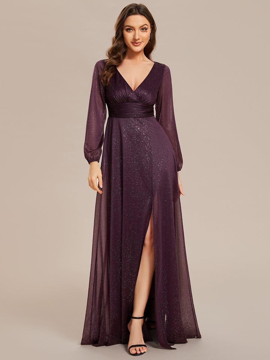 Women's Sexy V-Neck Shiny Evening Dresses with Long Sleeve #color_Dark Purple