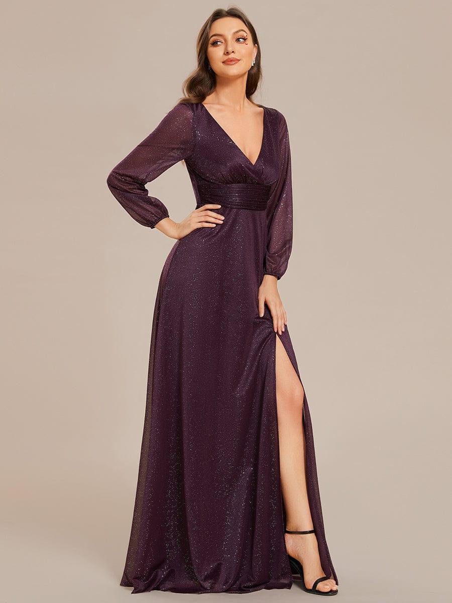 Women's Sexy V-Neck Shiny Evening Dresses with Long Sleeve #color_Dark Purple