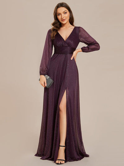 Women's Sexy V-Neck Shiny Evening Dresses with Long Sleeve #color_Dark Purple