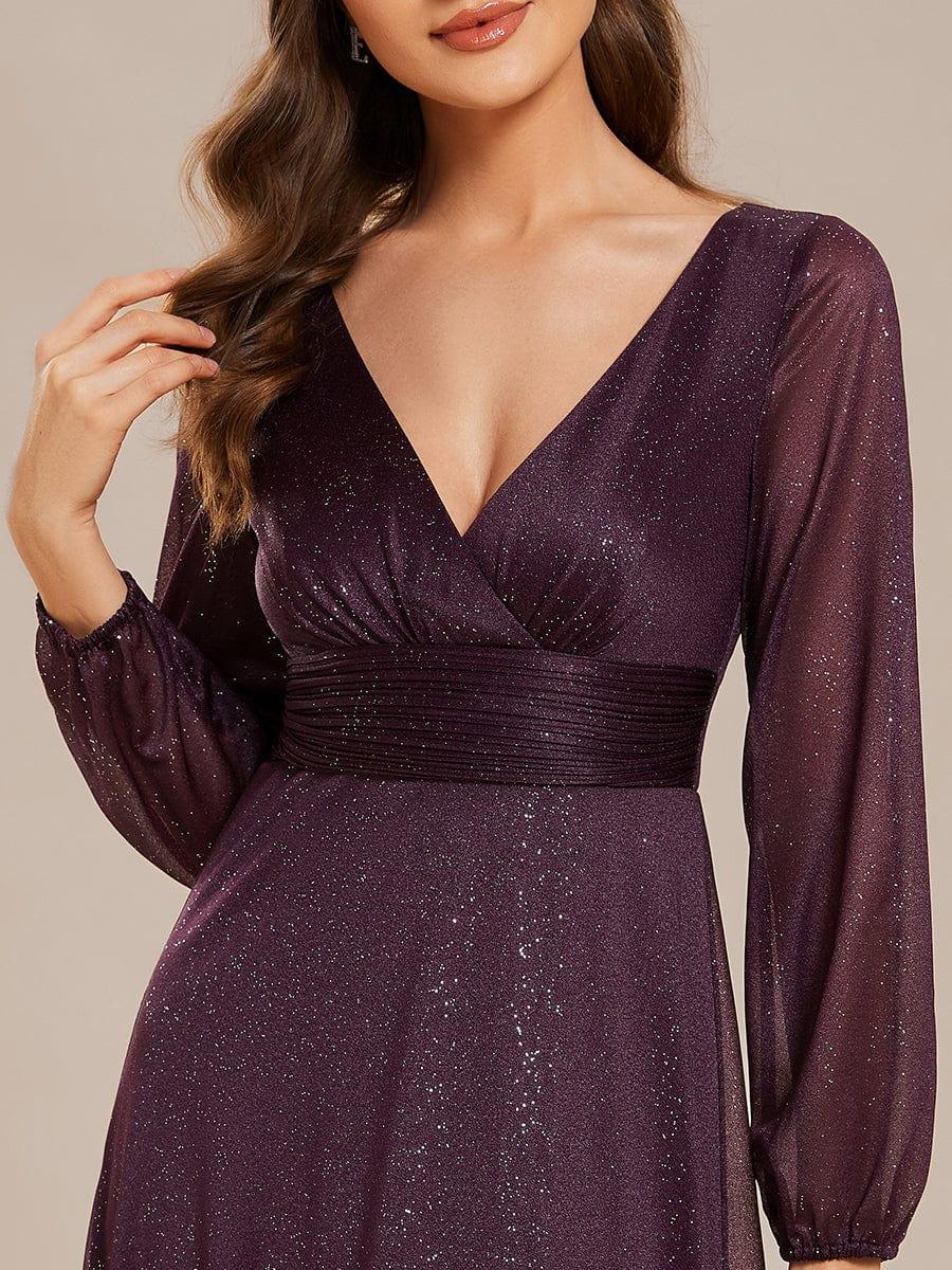 Women's Sexy V-Neck Shiny Evening Dresses with Long Sleeve #color_Dark Purple