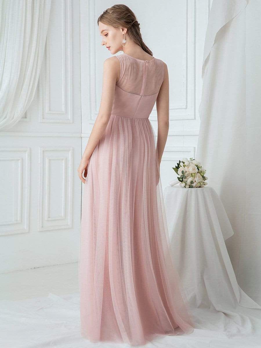 Elegant See Through Round Neck Tulle Applique Bridesmaid Dress #color_Pink Elegant See Through Round Neck Tulle Applique Bridesmaid Dress