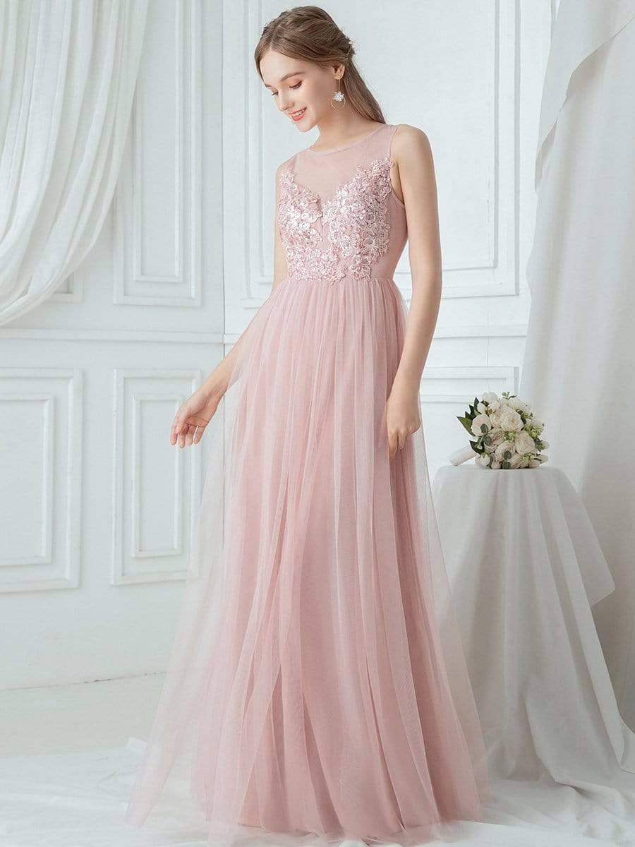 Elegant See Through Round Neck Tulle Applique Bridesmaid Dress #color_Pink Elegant See Through Round Neck Tulle Applique Bridesmaid Dress
