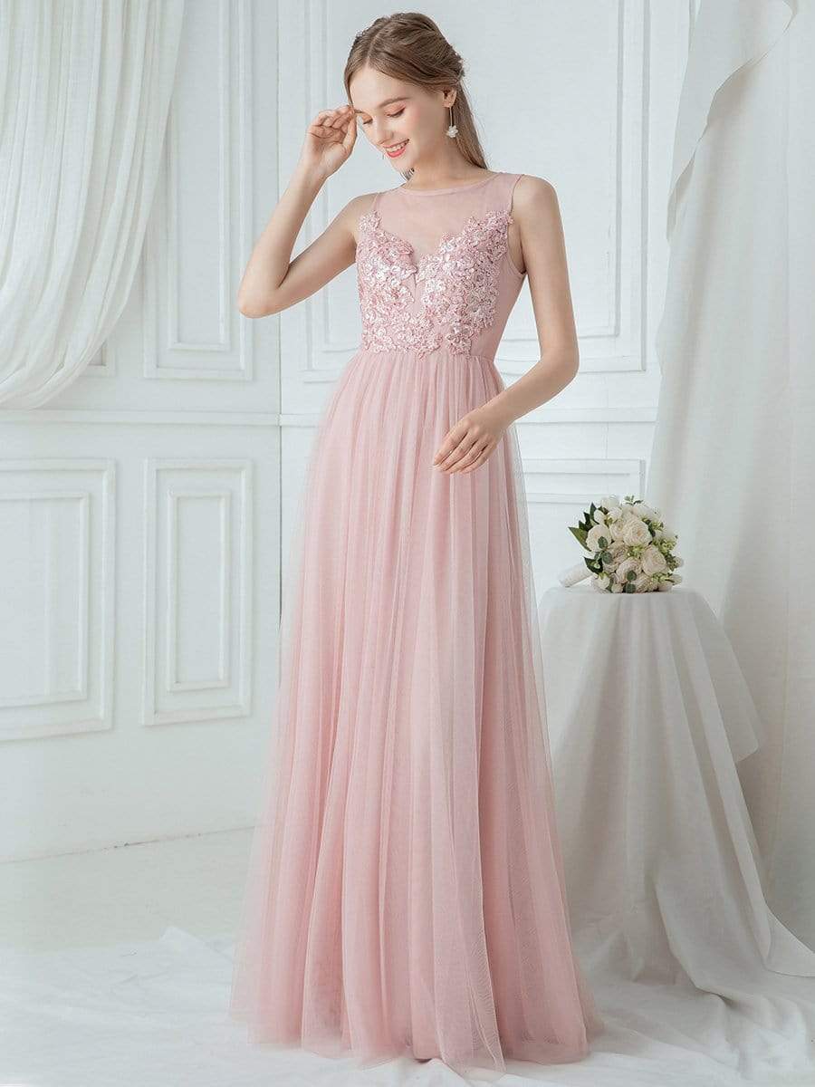 Elegant See Through Round Neck Tulle Applique Bridesmaid Dress #color_Pink Elegant See Through Round Neck Tulle Applique Bridesmaid Dress