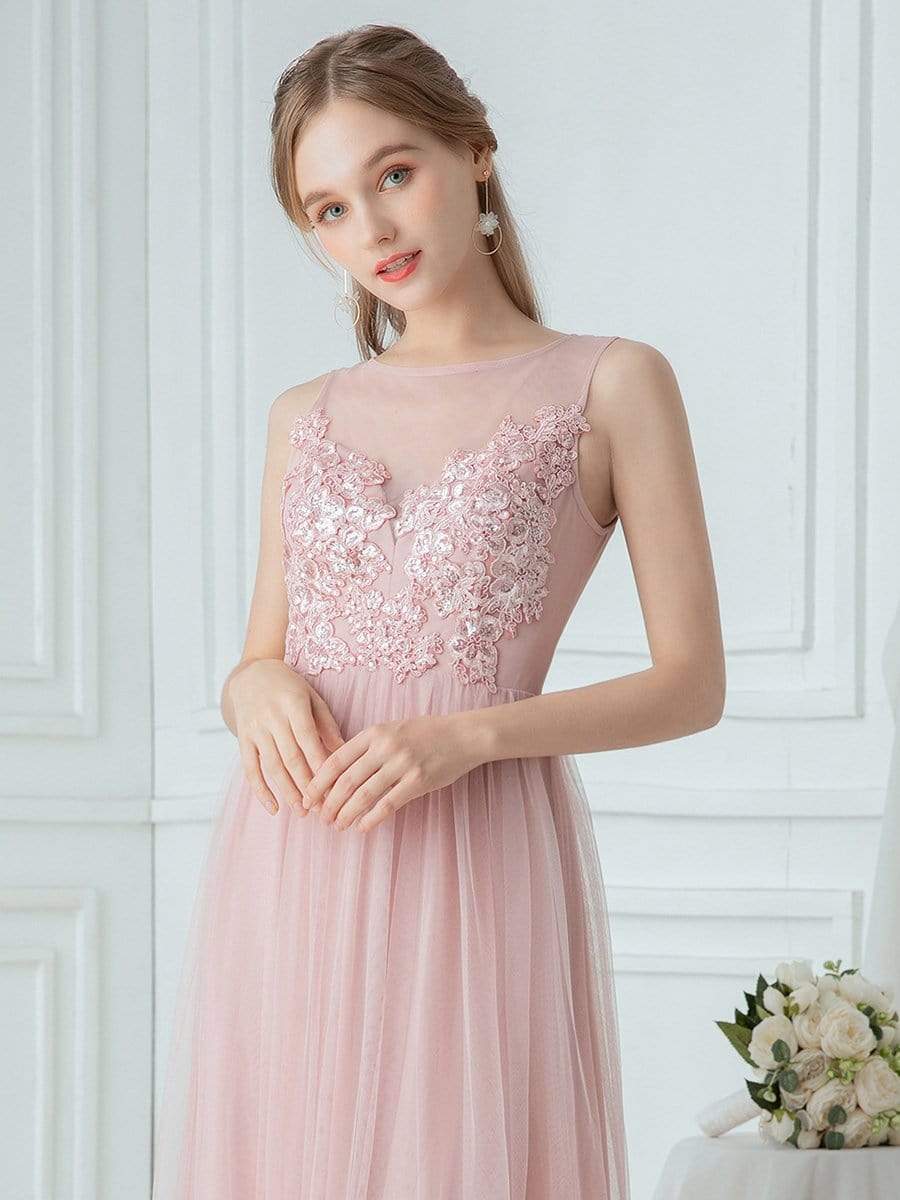 Elegant See Through Round Neck Tulle Applique Bridesmaid Dress #color_Pink Elegant See Through Round Neck Tulle Applique Bridesmaid Dress