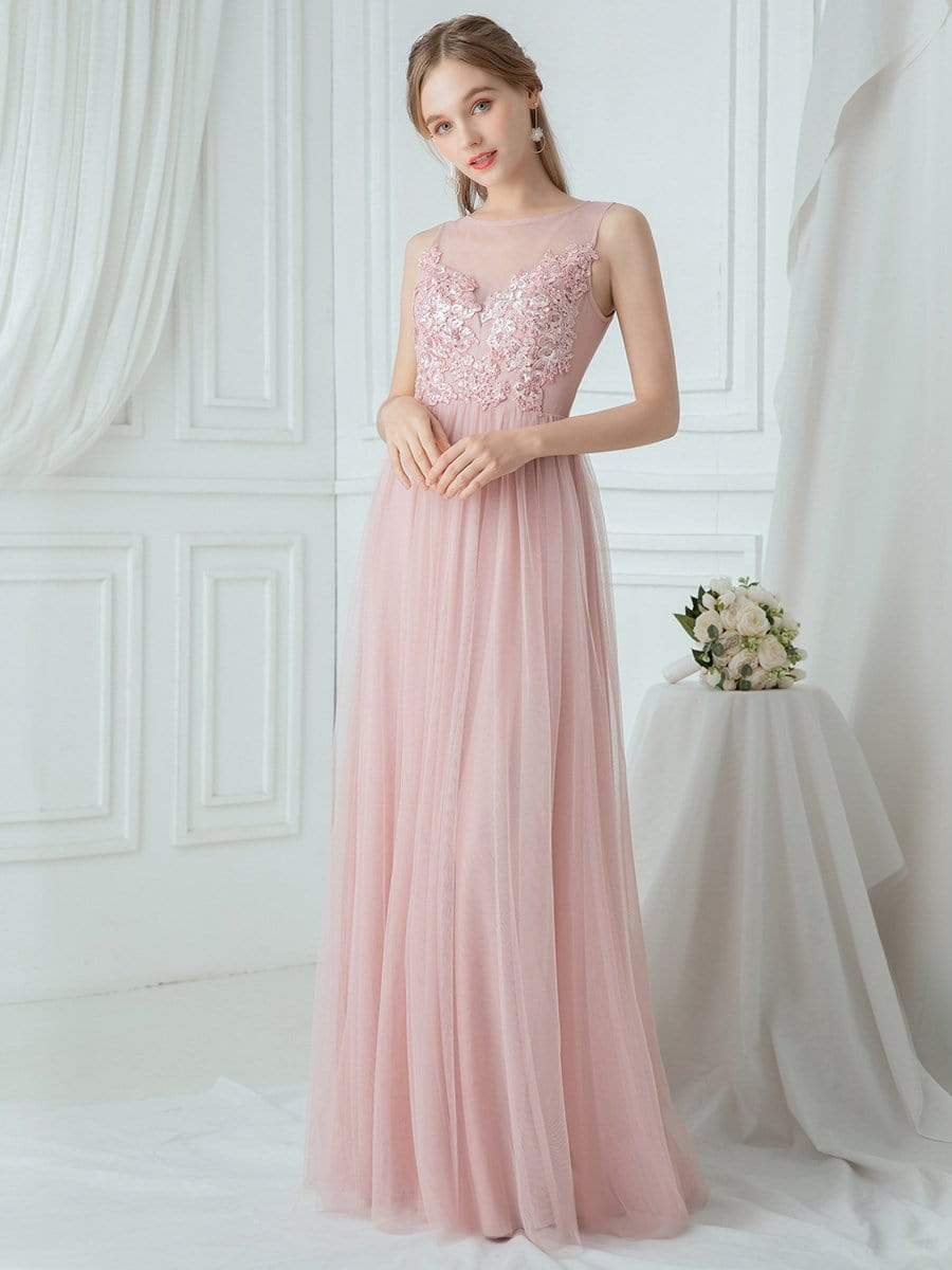 Elegant See Through Round Neck Tulle Applique Bridesmaid Dress #color_Pink Elegant See Through Round Neck Tulle Applique Bridesmaid Dress