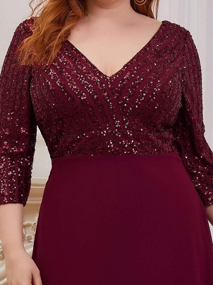 Plus Size Sexy V Neck A-Line Sequin Evening Dress with Sleeve #color_Burgundy