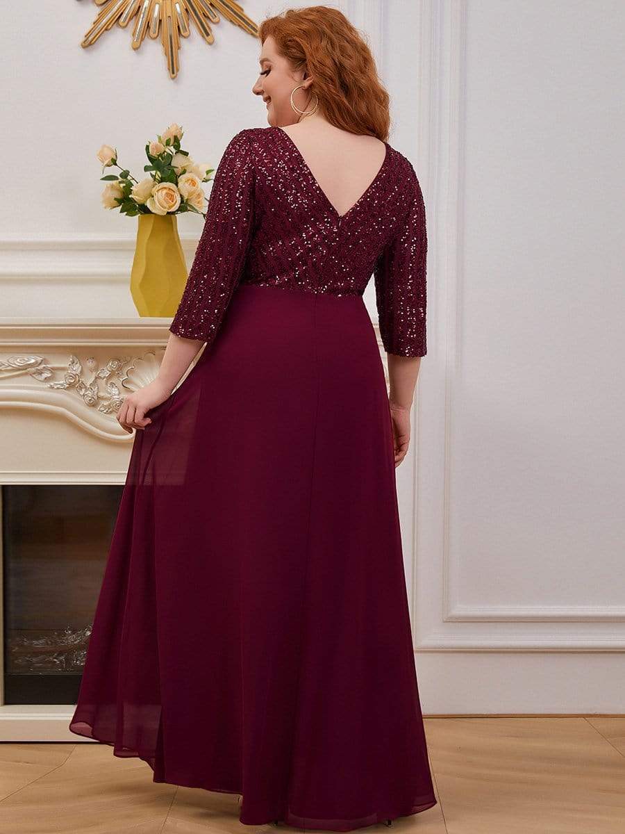 Plus Size Sexy V Neck A-Line Sequin Evening Dress with Sleeve #color_Burgundy