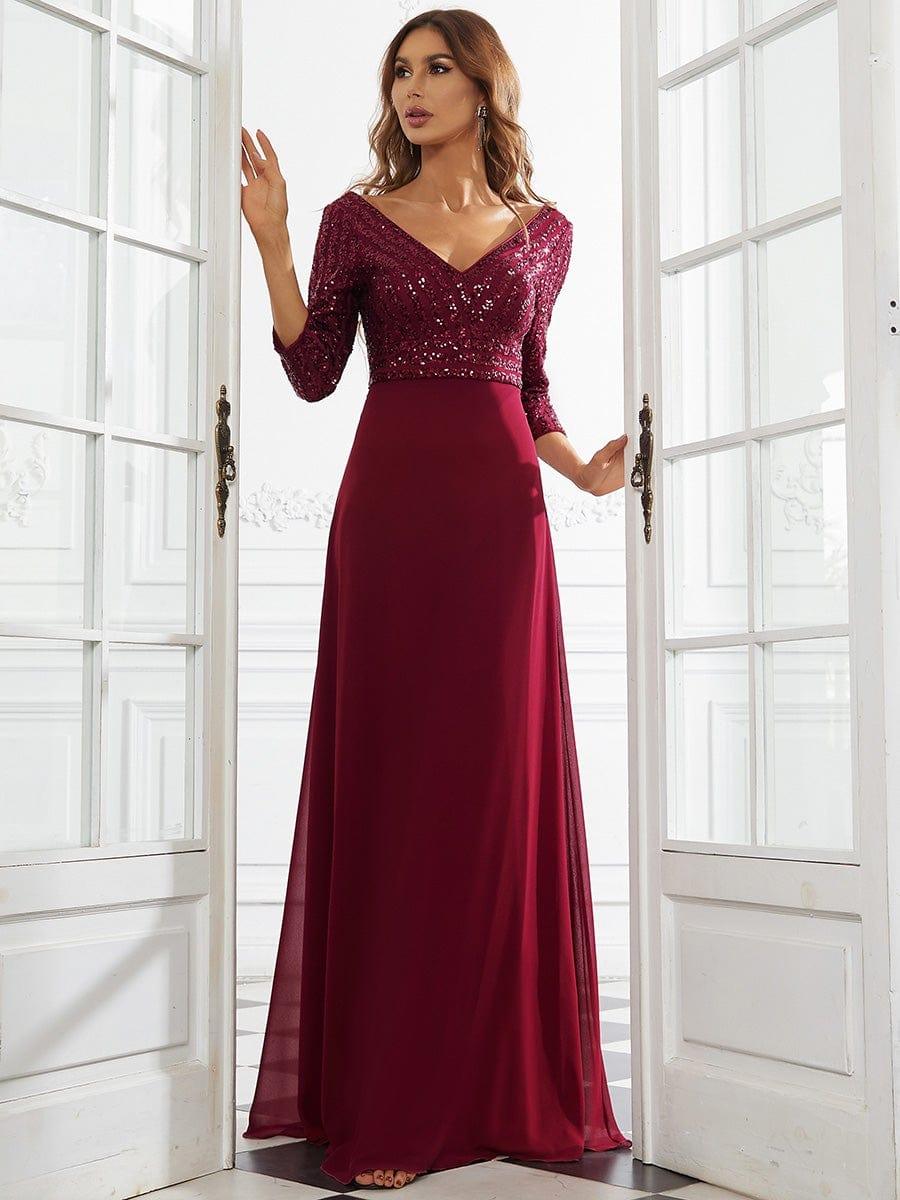 V Neck Sequin Bodice Evening Dress with Sleeves