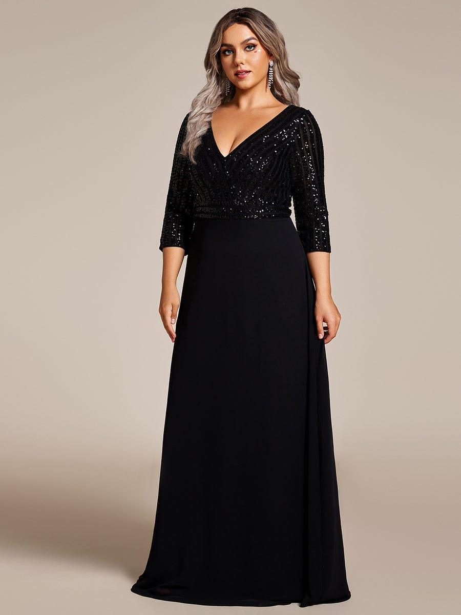 Plus Size Sexy V Neck A-Line Sequin Evening Dress with Sleeve #color_Black