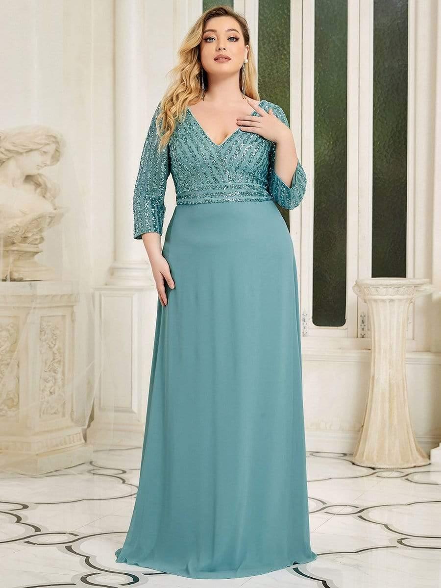 Plus Size Sexy V Neck A-Line Sequin Evening Dress with Sleeve #color_Light Teal