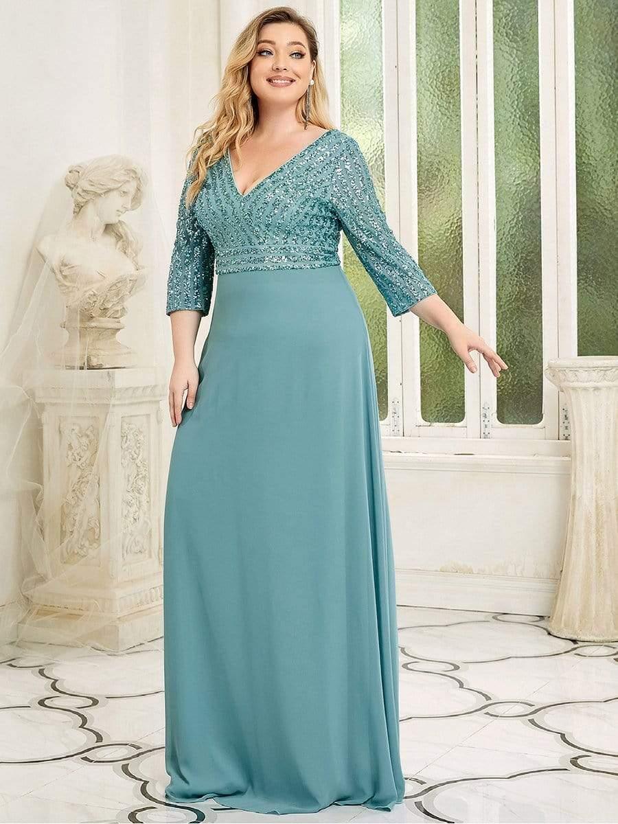 Plus Size Sexy V Neck A-Line Sequin Evening Dress with Sleeve #color_Light Teal