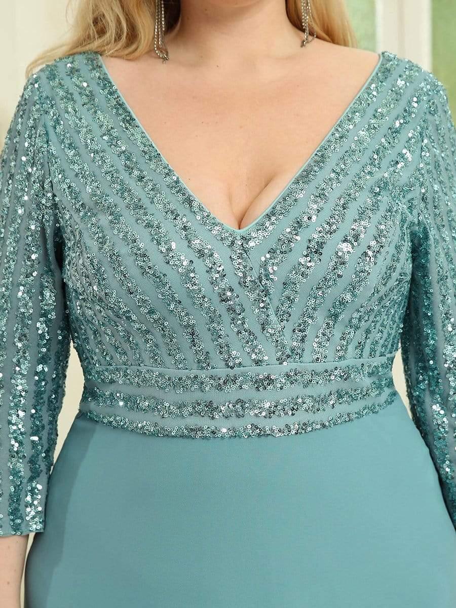 Plus Size Sexy V Neck A-Line Sequin Evening Dress with Sleeve #color_Light Teal