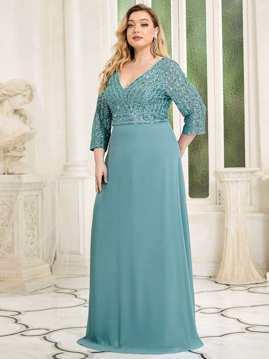 Sexy V Neck A-Line Sequin Evening Dresses with 3/4 Sleeve #color_Light Teal
