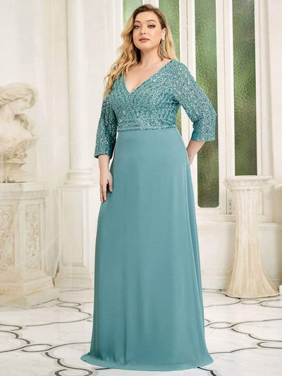 Plus Size Sexy V Neck A-Line Sequin Evening Dress with Sleeve #color_Light Teal