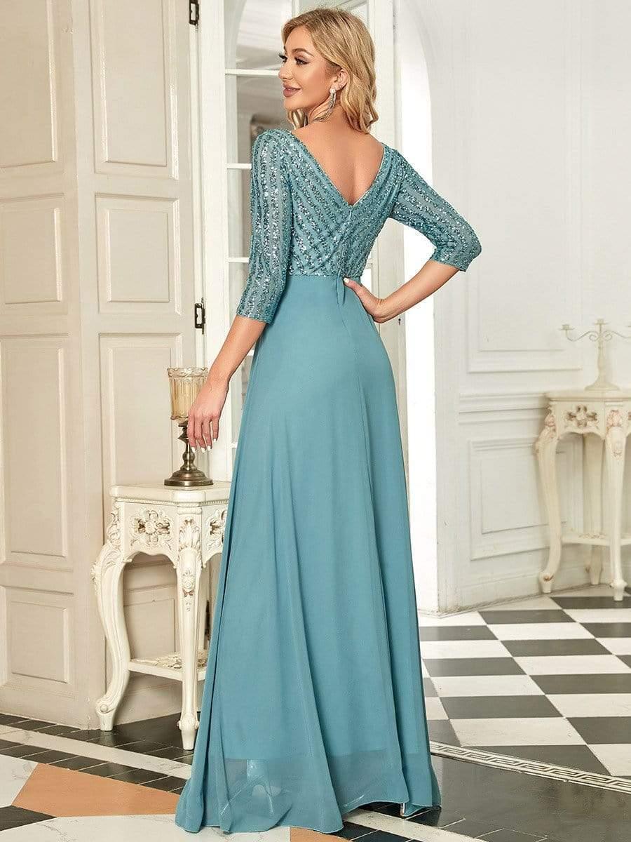 Sexy V Neck A-Line Sequin Evening Dresses with 3/4 Sleeve #color_Light Teal