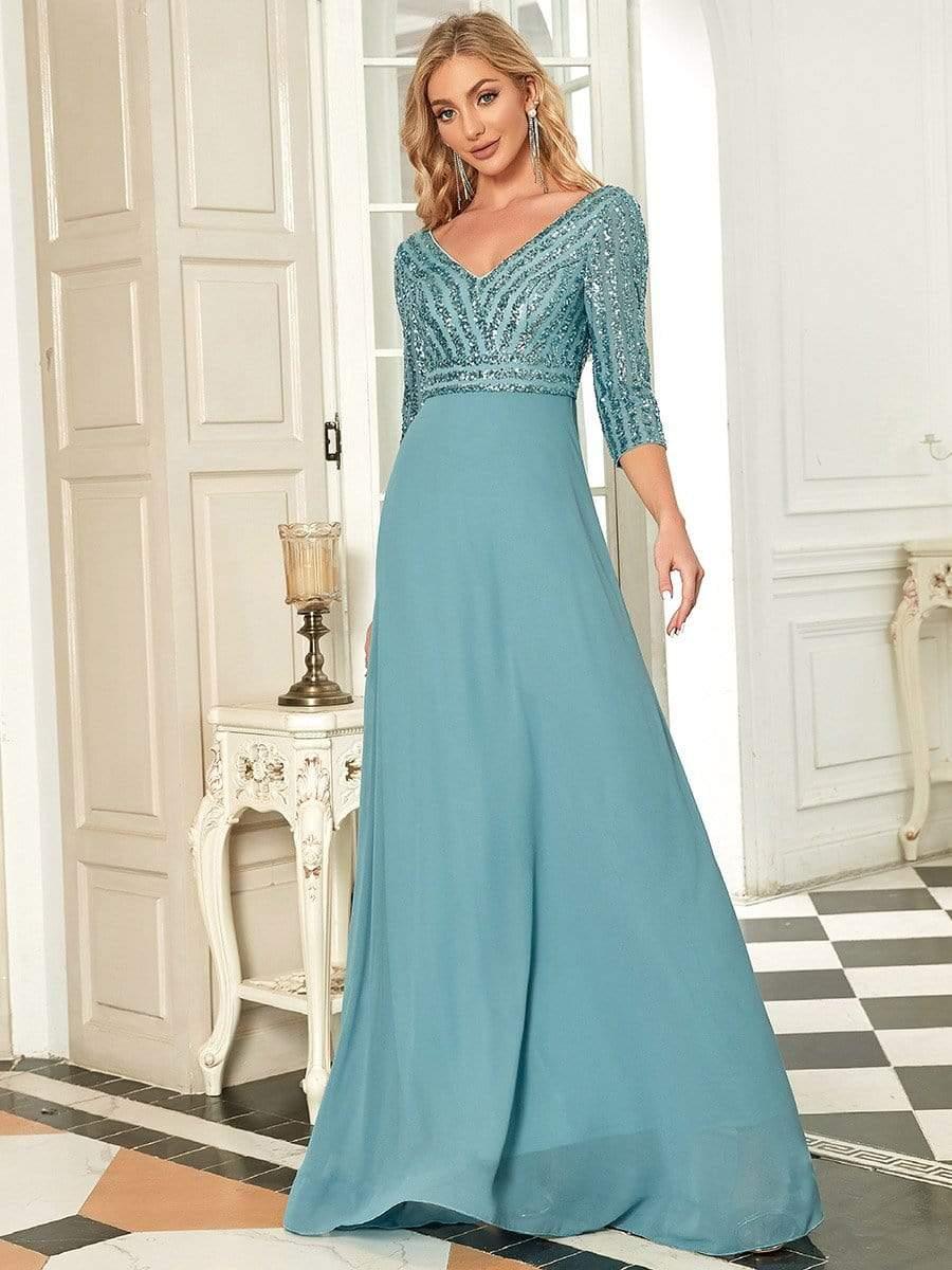 Sexy V Neck A-Line Sequin Evening Dresses with 3/4 Sleeve #color_Light Teal