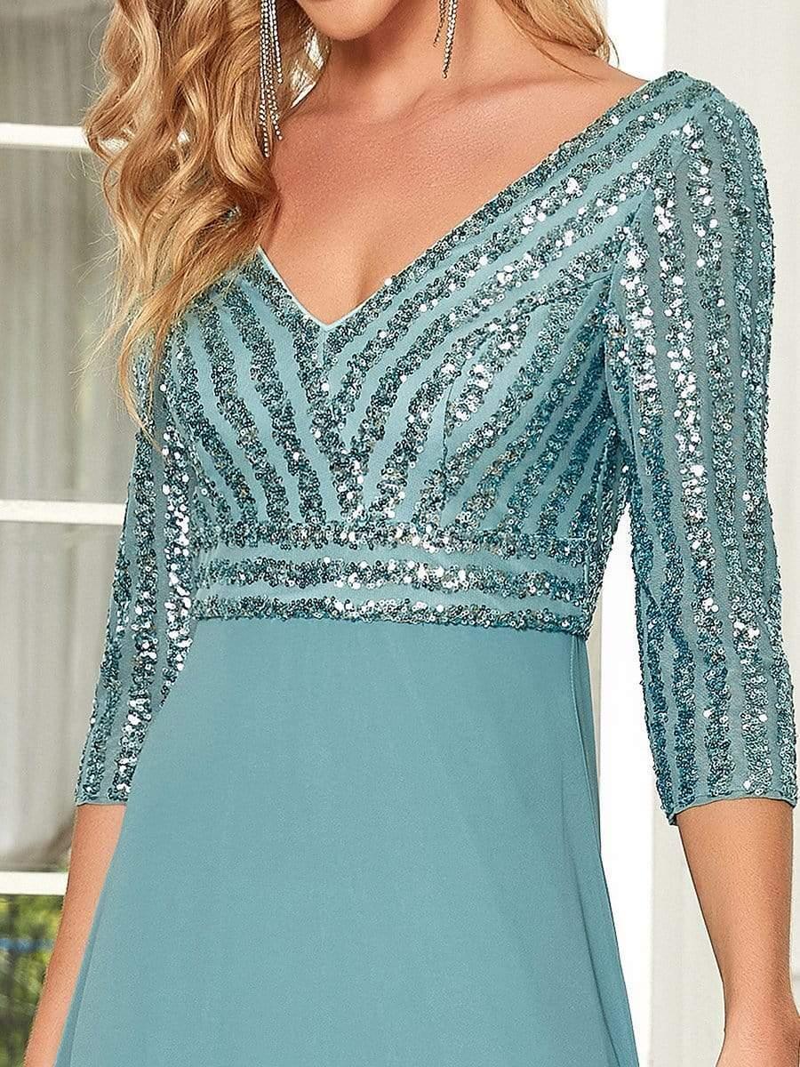 Sexy V Neck A-Line Sequin Evening Dresses with 3/4 Sleeve #color_Light Teal