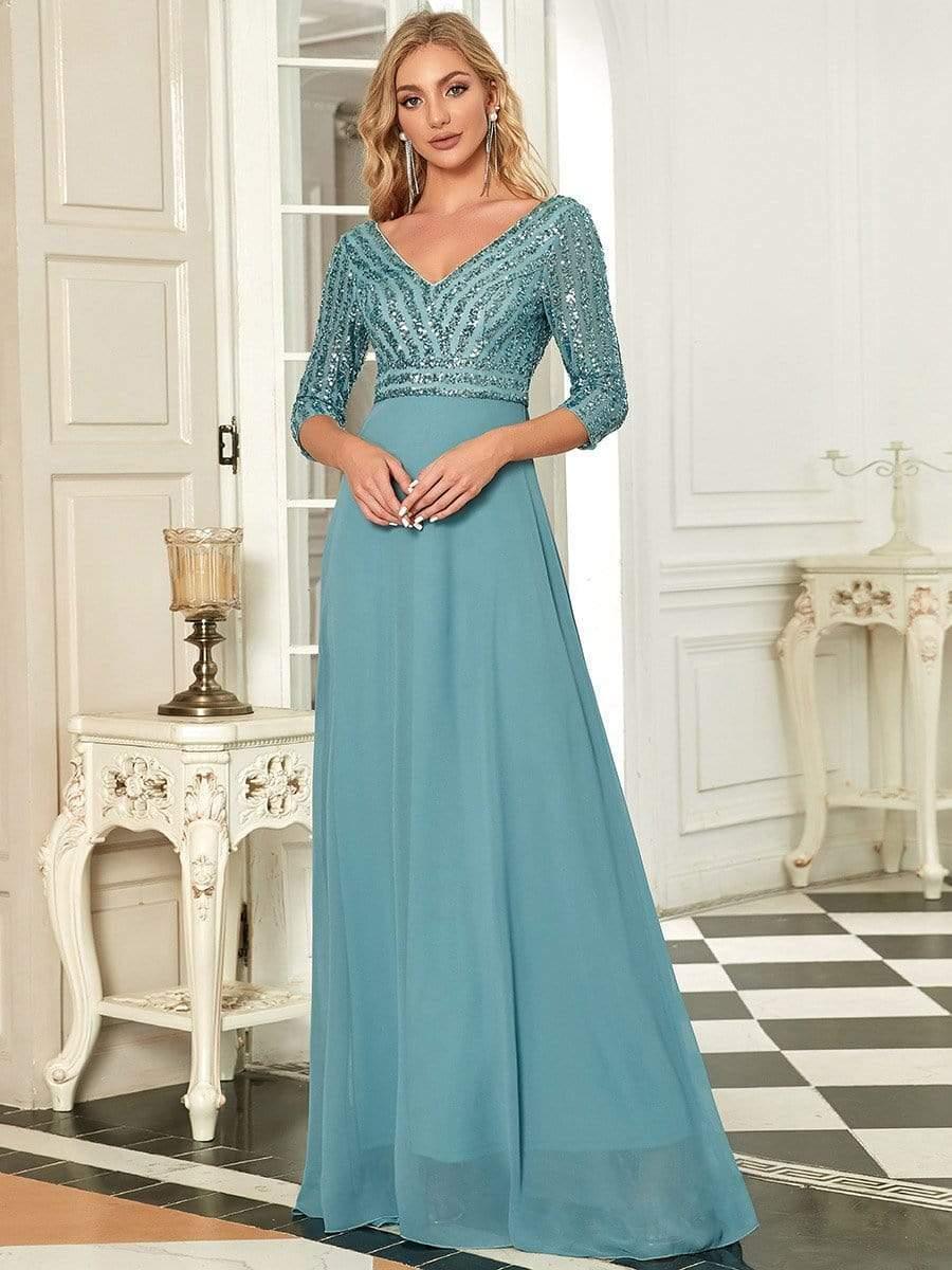 Sexy V Neck A-Line Sequin Evening Dresses with 3/4 Sleeve #color_Light Teal