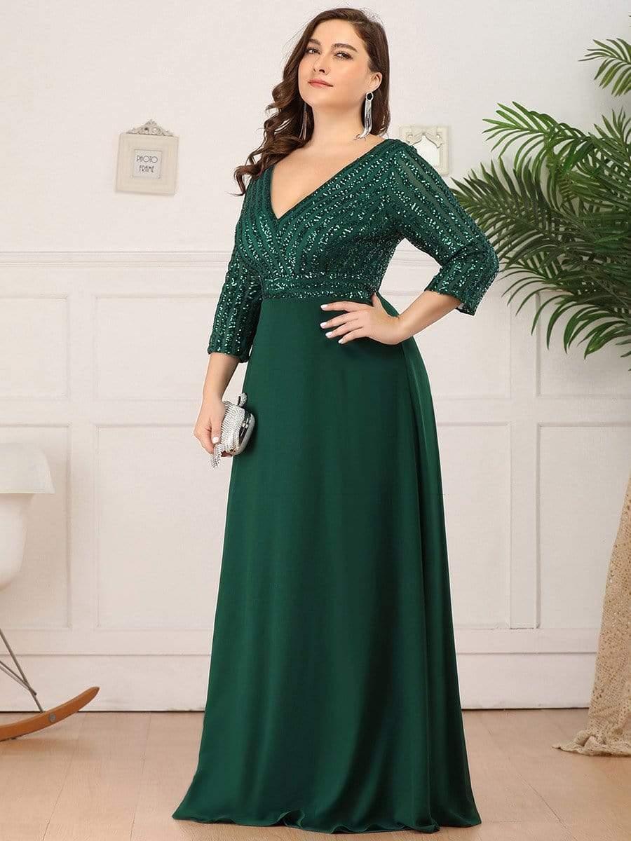 Sexy V Neck A-Line Sequin Evening Dresses with 3/4 Sleeve #color_Dark Green