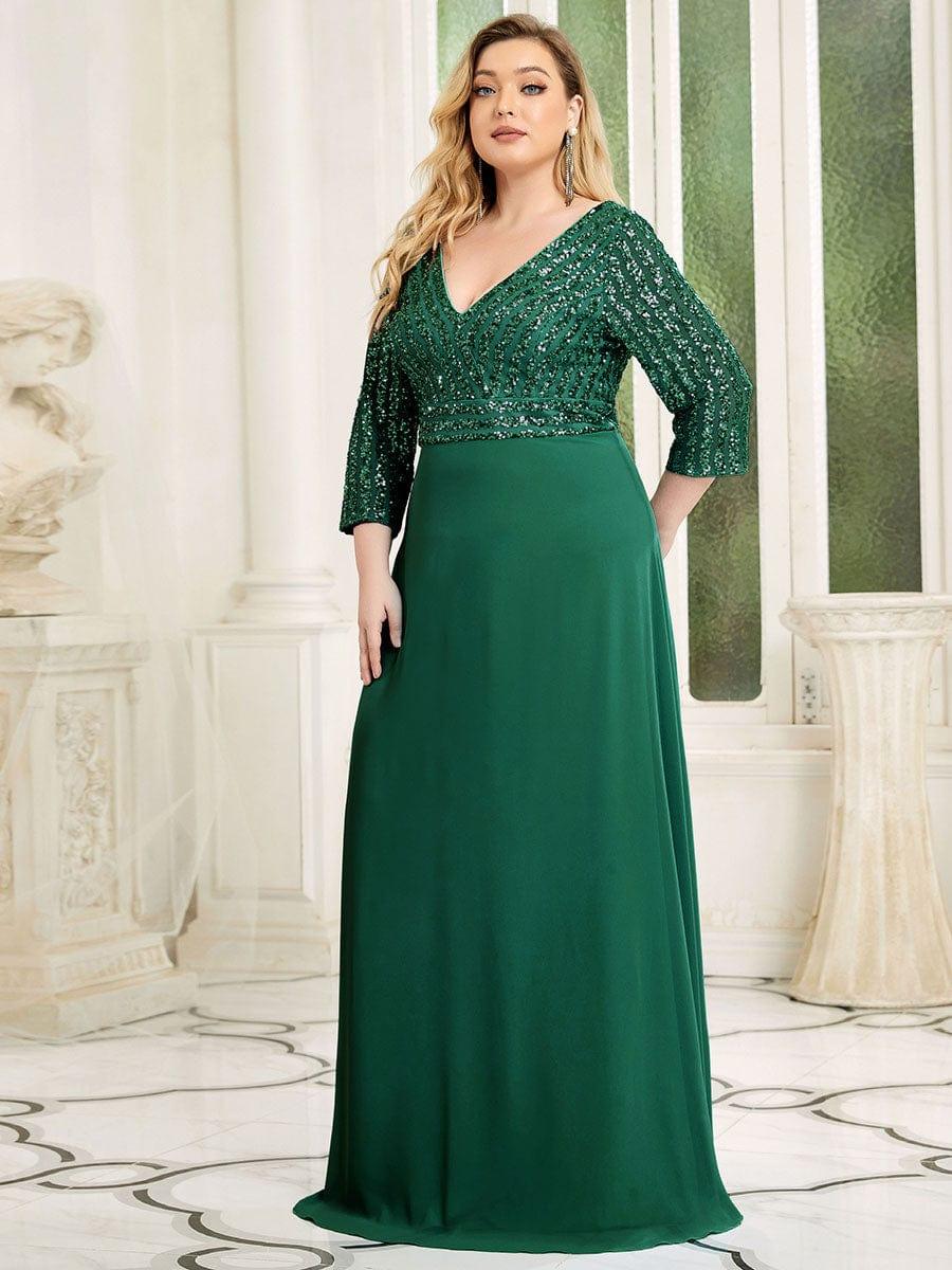 Plus Size Sexy V Neck A-Line Sequin Evening Dress with Sleeve #color_Dark Green