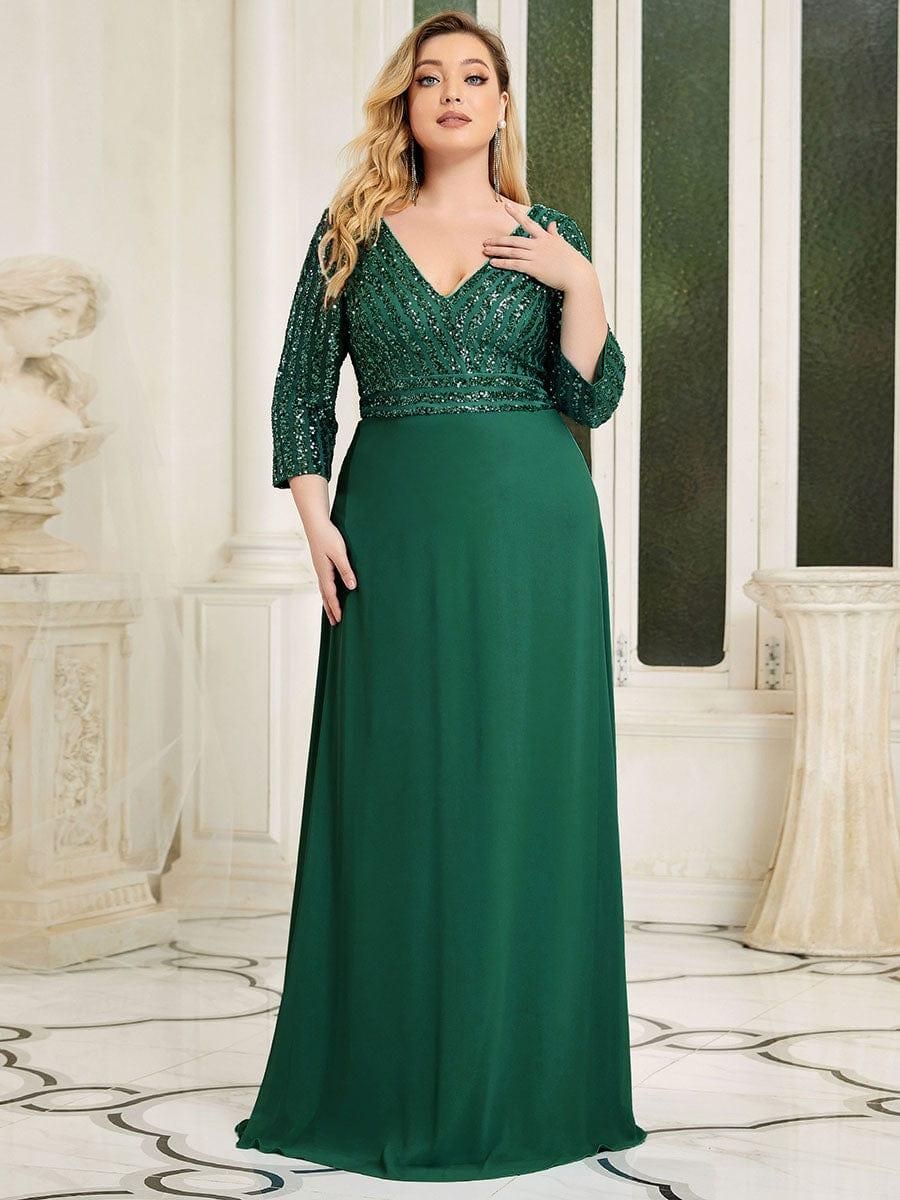 Plus Size Sexy V Neck A-Line Sequin Evening Dress with Sleeve #color_Dark Green