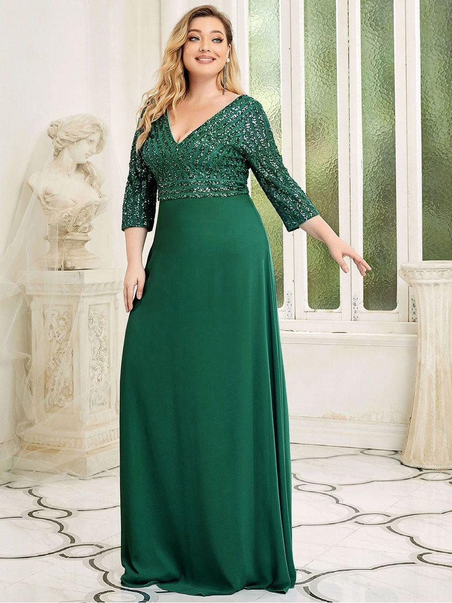 Plus Size Sexy V Neck A-Line Sequin Evening Dress with Sleeve #color_Dark Green