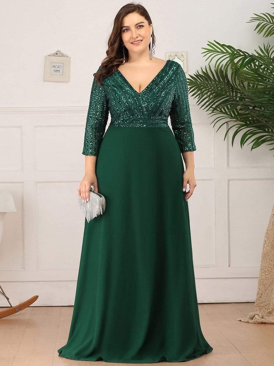 Sexy V Neck A-Line Sequin Evening Dresses with 3/4 Sleeve #color_Dark Green