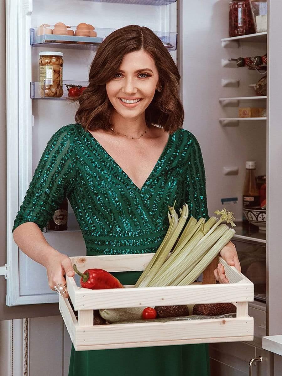 Sexy V Neck A-Line Sequin Evening Dresses with 3/4 Sleeve #color_Dark Green