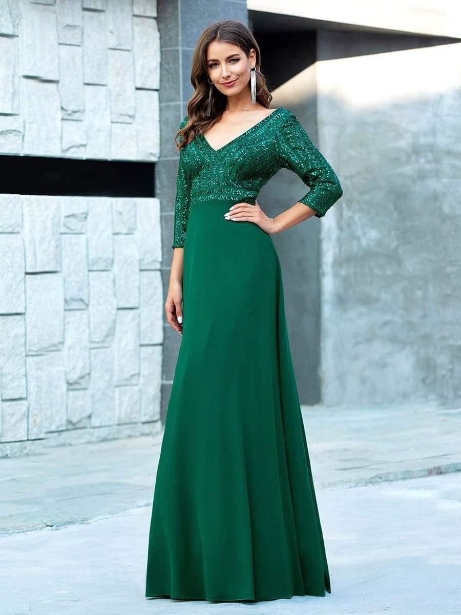 Sexy V Neck A-Line Sequin Evening Dresses with 3/4 Sleeve #color_Dark Green