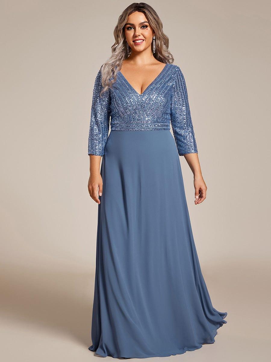 Plus Size Sexy V Neck A-Line Sequin Evening Dress with Sleeve #color_Dusty Blue