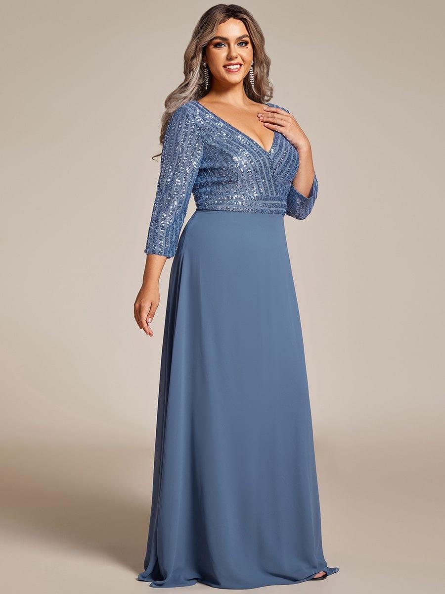 Sexy V Neck A-Line Sequin Evening Dresses with 3/4 Sleeve #color_Dusty Blue