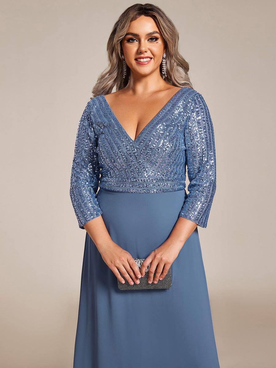 Sexy V Neck A-Line Sequin Evening Dresses with 3/4 Sleeve #color_Dusty Blue