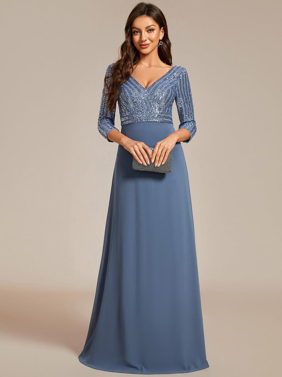 Sexy V Neck A-Line Sequin Evening Dresses with 3/4 Sleeve #color_Dusty Blue