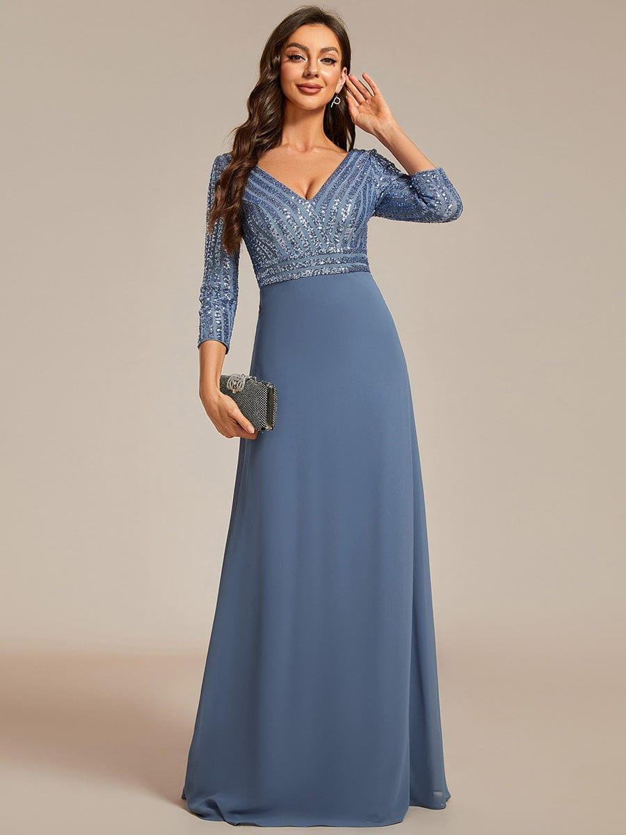 Sexy V Neck A-Line Sequin Evening Dresses with 3/4 Sleeve #color_Dusty Blue