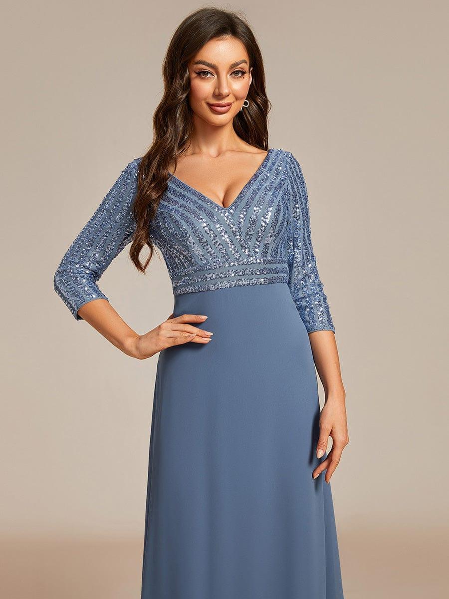 Sexy V Neck A-Line Sequin Evening Dresses with 3/4 Sleeve #color_Dusty Blue
